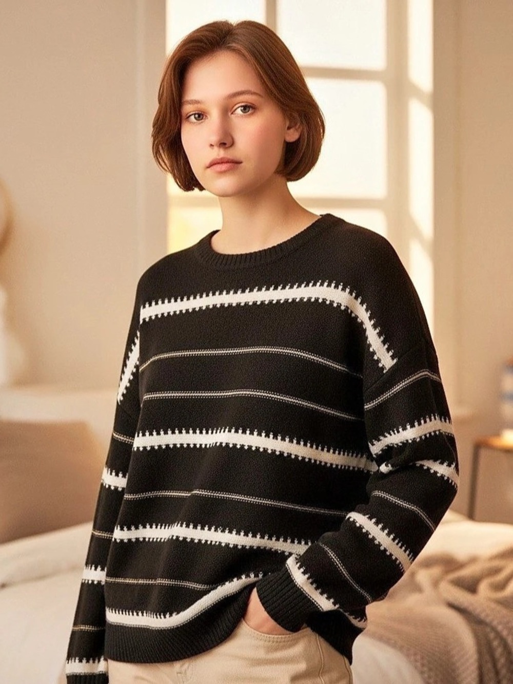 Dokotoo Women's Striped Crewneck Sweater Black & White Size Medium